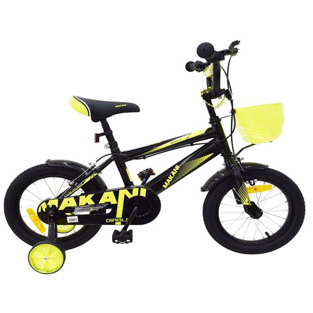 Bicicleta pentru baieti 12 inch Kikka Makani Diablo Negru cu galben cu cosulet hippoland.ro