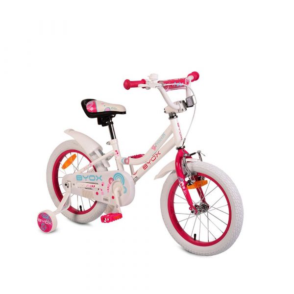 Bicicleta pentru fete 16 inch Moni Princess alb si roz cu roti ajutatoare