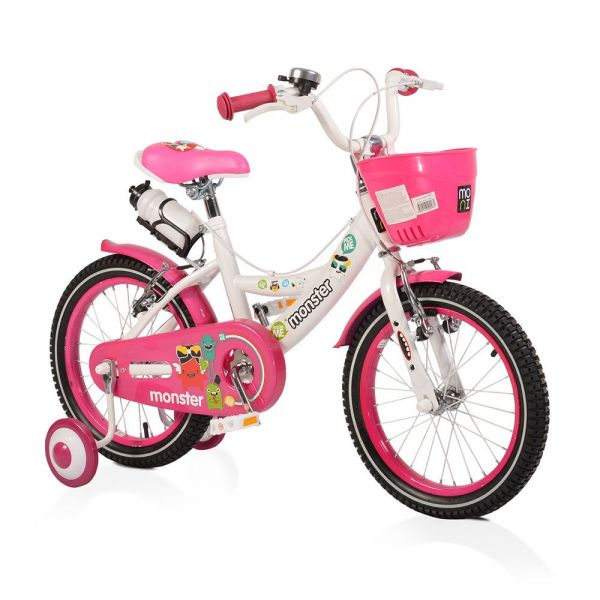 Bicicleta pentru fete 16 inch Moni Monster roz cu roti ajutatoare