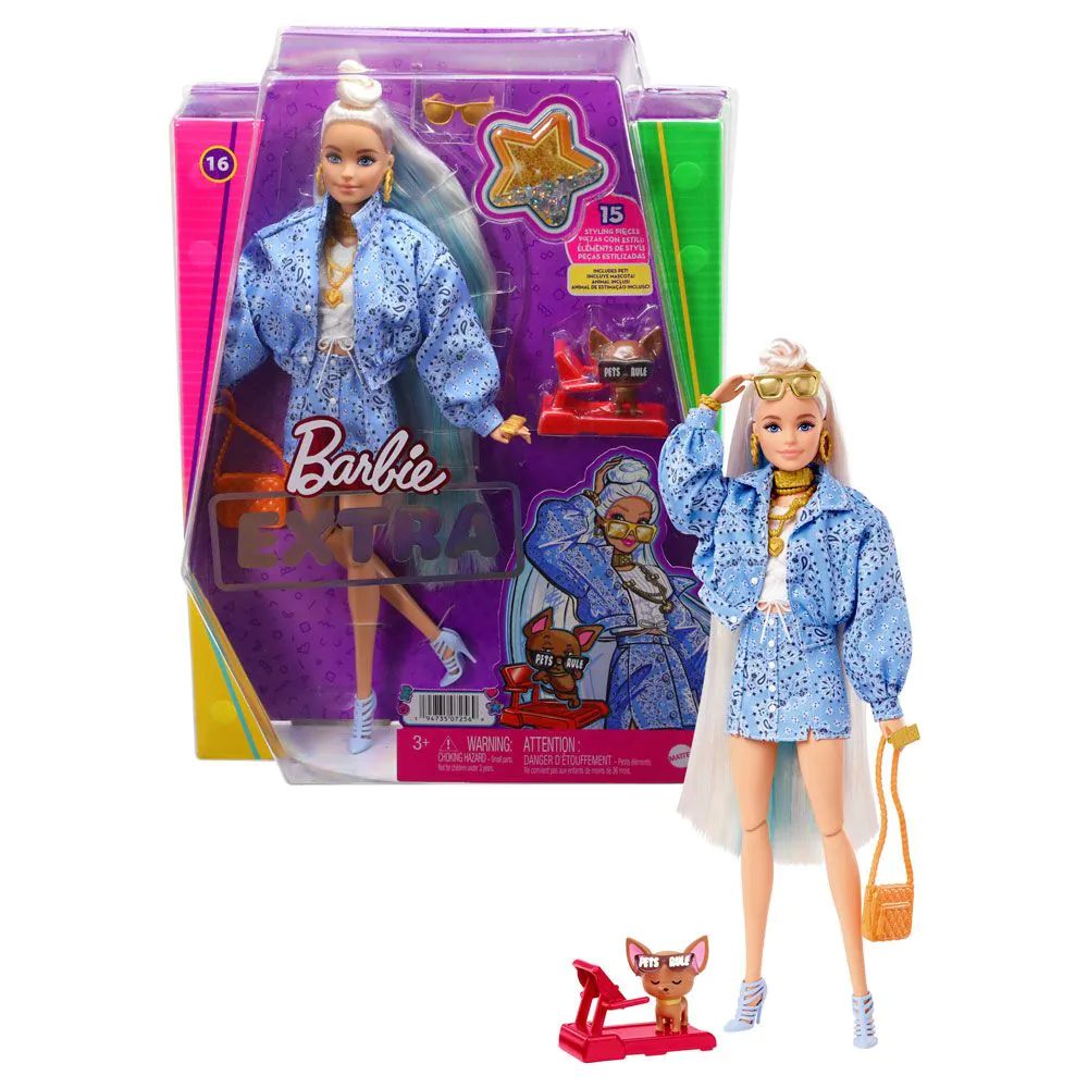 Papusa Barbie Extra cu Costum Albastru si Par Blond Accesorii imagine noua responsabilitatesociala.ro